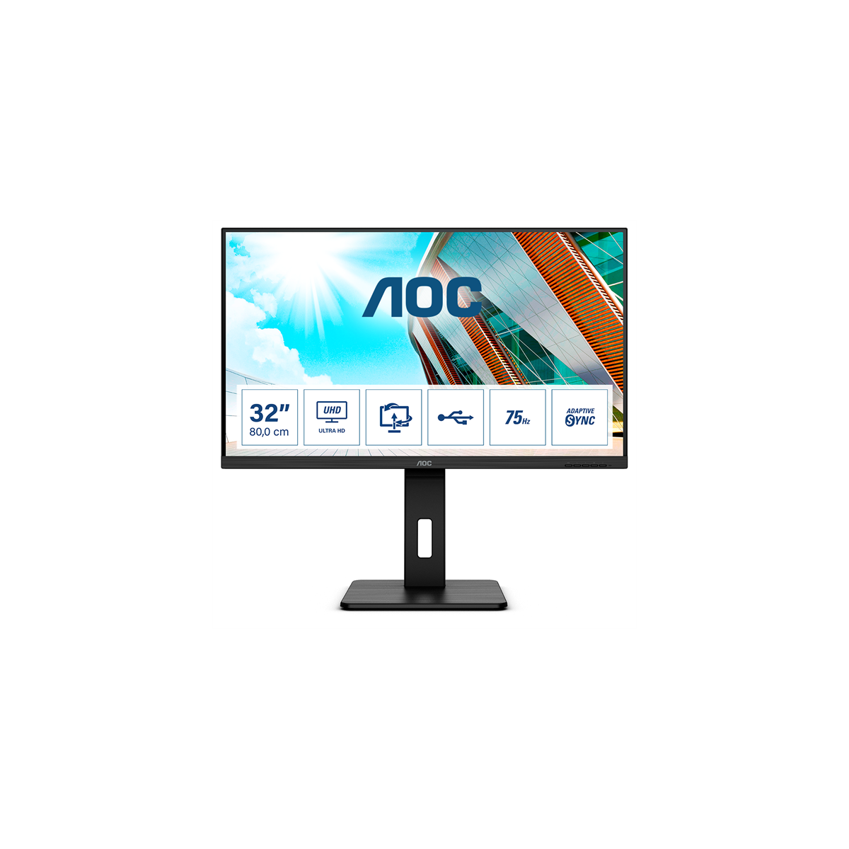 Image of AOC VA monitor 31.5" U32P2, 3840x2160, 16:9, 350cd/m2, 4ms, 2xHDMI/DisplayPort/4xUSB, Pivot, hangszóró