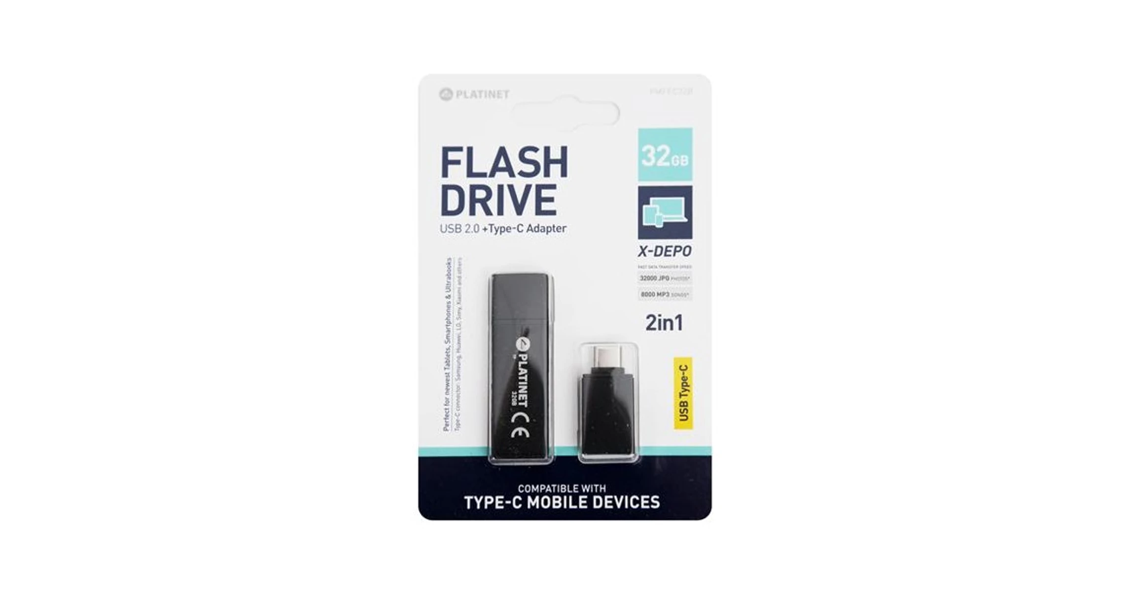  PLATINET Pendrive 32GB, X-Depo, USB 2.0 Fekete + Type-C átalakító