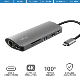 TRUST Hétfunkciós USB-C többportos adapter 23775, Dalyx 7-in-1 USB-C Multiport Adapter