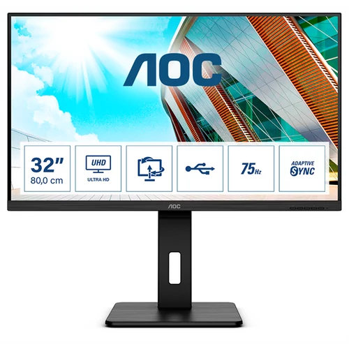 AOC VA monitor 31.5" U32P2, 3840x2160, 16:9, 350cd/m2, 4ms, 2xHDMI/DisplayPort/4xUSB, Pivot, hangszóró