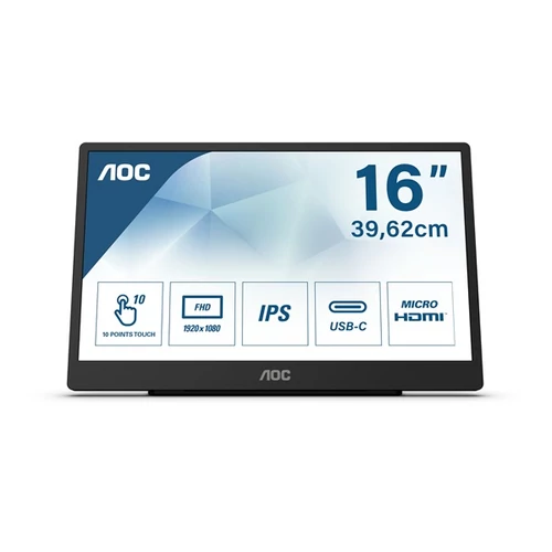 AOC hordozható touch IPS monitor 15.6" 16T2, 1920x1080, 16:9, 250cd/m2, 4ms, Micro-HDMI/2xUSB-C, Pivot, hangszóró