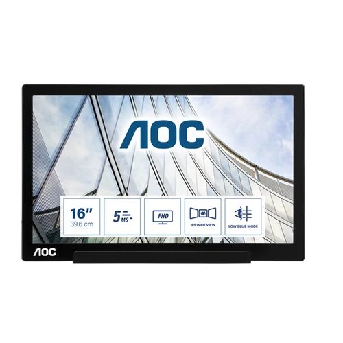AOC hordozható IPS monitor 15,6" I1601FWUX, 1920x1080 FHD, 16:9, 5ms, 220cd/m2, USB-C