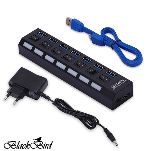 BLACKBIRD USB 3.0 HUB 7 port külső táppal, kapcsolóval