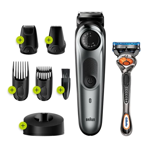 BRAUN BT7240 szakállvágó precíziós gombbal, 4 tartozékkal és egy Gillette Fusion5 ProGlide borotvával