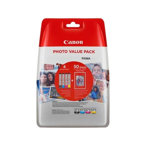 CANON Tintapatron  CLI-571XLKIT multipack, Pixma MG 5700, 6800, 7700 nyomtatókhoz, b+c+m+y, + PP201 (50lap 10x15) papír