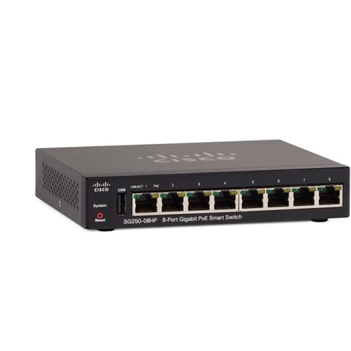 CISCO Switch 8x1000Mbps (POE+) + 1xUSB Fémházas, Asztali, Menedzselhető - SG250-08HP-K9-EU