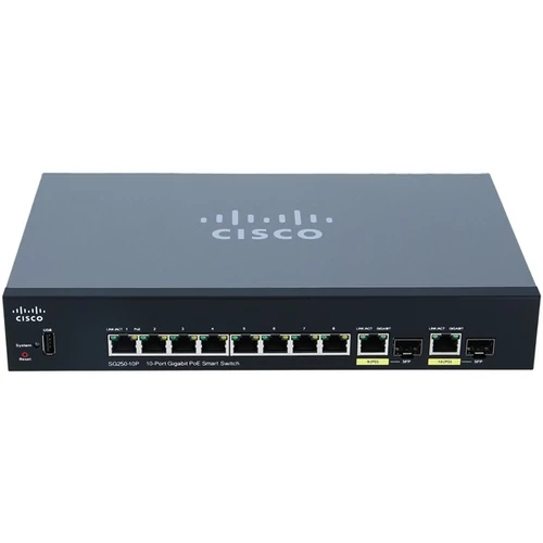 CISCO Switch 8x1000Mbps (8xPOE+) + 2xGigabit kombó SFP + 1xUSB, Asztali, Menedzselhető, SG250-10P-K9-EU