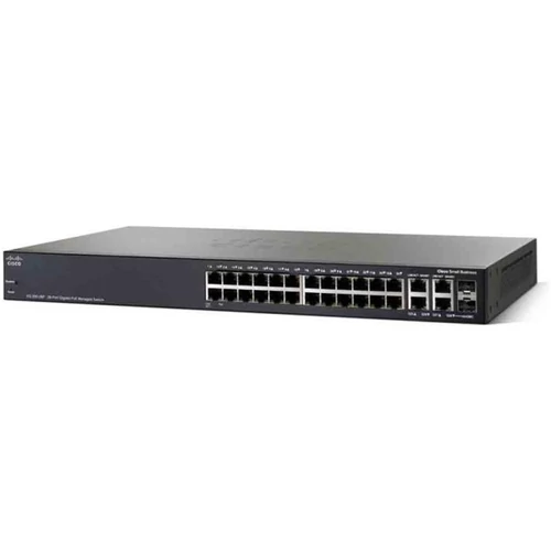 CISCO Switch 26x1000Mbps (24xPOE+) + 2xGigabit kombó MINI-GBIC + 2xGigabit SFP, Fémházas Rackes, Menedzselhető, SG350-28