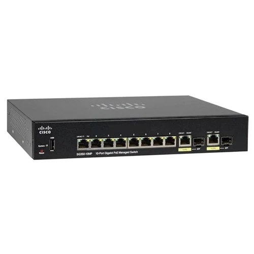CISCO Switch 8x1000mbps (8xPOE+) + 2xGigabit kombó SFP, Fémházas Rackes, Menedzselhető, SG350-10MP-K9-EU