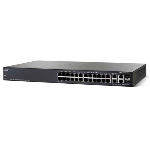CISCO Switch 26x1000Mbps (24xPOE+) + 2xGigabit kombó MINI-GBIC + 2xGigabit SFP, Fémházas Rackes, Menedzselhető, SG350-28