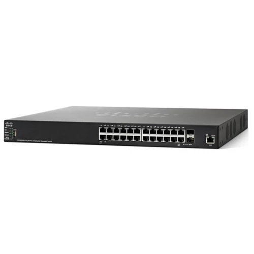 CISCO Switch 24x1000Mbps (24xPOE) + 4x10Gigabit (2x10Gigabit kombó SFP+ + 2xSFP+), Fémházas Rackes, Menedzselhető, SG350