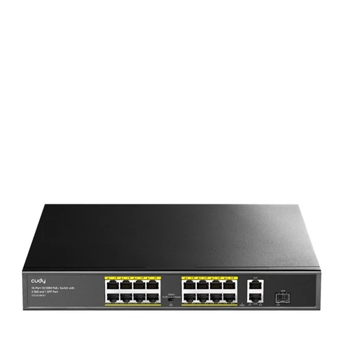 CUDY Switch 16x100Mbps (16xPOE+) + 2x1000Mbps Uplink + 1xSFP port, Fémházas Asztali/Rackes, FS1018PS1