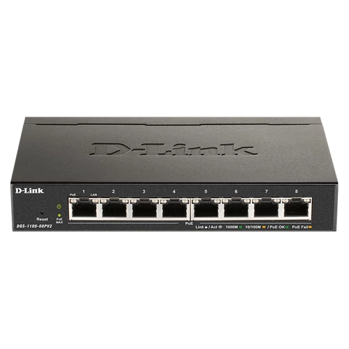 D-LINK Switch 8x1000Mbps Fémházas Asztali Menedzselhető, DGS-1100-08V2/E