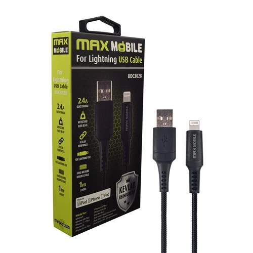 MAX MOBILE Adatkábel UDC3028 Lightning, 1 m, Kevlár, Fekete