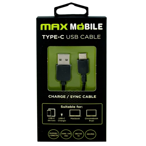 MAX MOBILE Adatkábel USB-USB-C, 1 m, Fekete
