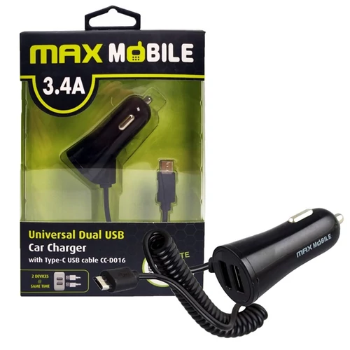 MAX MOBILE Autós Töltő 2xUSB, CC-D016 3,4 A + USB-C Kábel