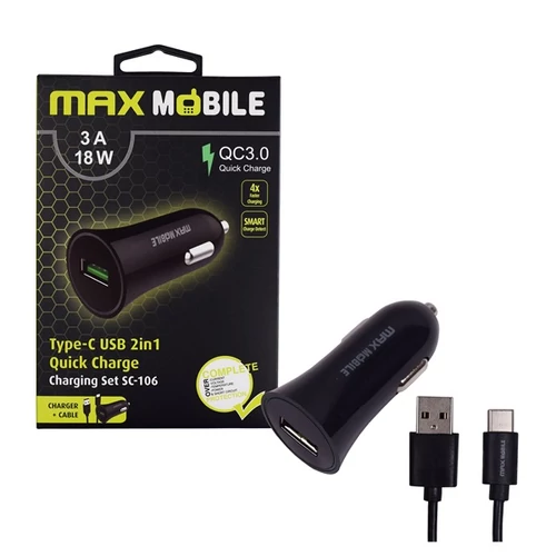 MAX MOBILE Autós Töltő USB SC-106 QuickCharge 3.0, 18W, 3 A+ USB-C Kábel