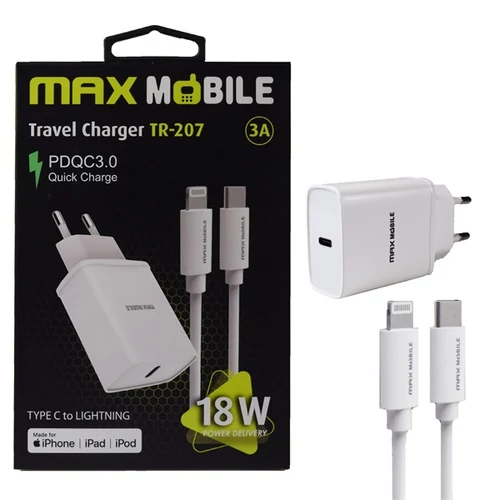 MAX MOBILE Hálózati Töltő TR-207, 1xUSB-C, QuickCharge 3.0, 3 A, 18W, USB-C-Lightning kábel, fehér
