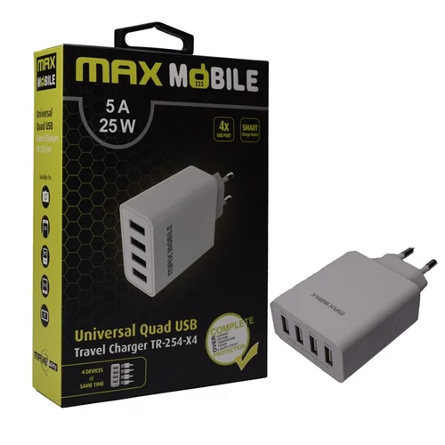 MAX MOBILE Hálózati Töltő TR-254, 4xUSB  5 A, 25W, Fehér
