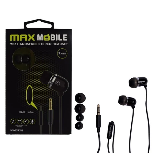 MAX MOBILE Headset Handsfree KV-1373 Mikorofonos Fülhallgató, 3,5 mm jack, 1,2m, Fekete