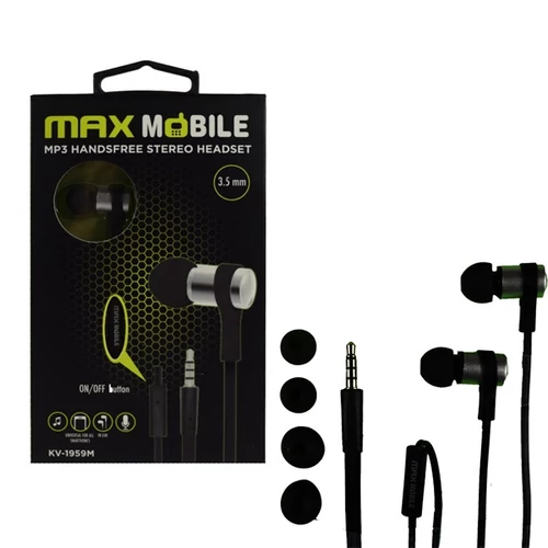 MAX MOBILE Headset Handsfree KV-1959M Mikorofonos Fülhallgató, 3,5 mm jack, 1,2 m, Fekete
