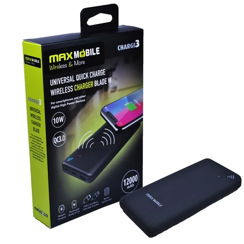 MAX MOBILE Power Bank Blade Wireless 12000mAh, 2xUSB, QuickCharge 3.0, 3,1 A