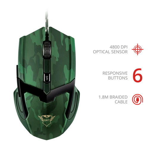 TRUST Gamer Vezetékes egér 22793, GXT 101C GAV Gaming Mouse - camo green