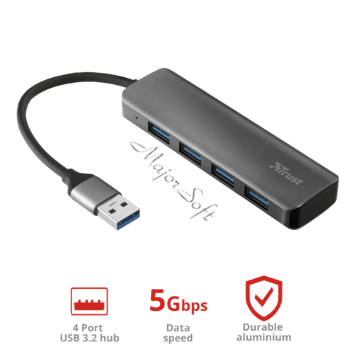 TRUST 4 portos USB 3.2 Gen1 hub 23327 (Halyx Aluminium 4-Port USB 3.2 Hub)