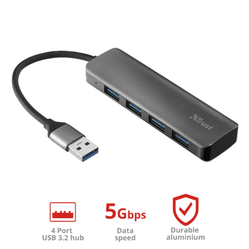 TRUST 4 portos USB 3.2 Gen1 hub 23327 (Halyx Aluminium 4-Port USB 3.2 Hub)
