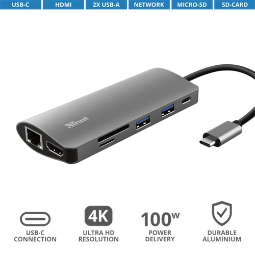 TRUST Hétfunkciós USB-C többportos adapter 23775 (Dalyx 7-in-1 USB-C Multiport Adapter)