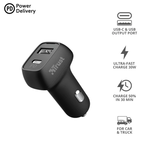TRUST Kettős ultragyors autós USB és USB-C töltő 23560 (Qmax 30W Ultra-Fast USB-C & USB Car Charger with PD)