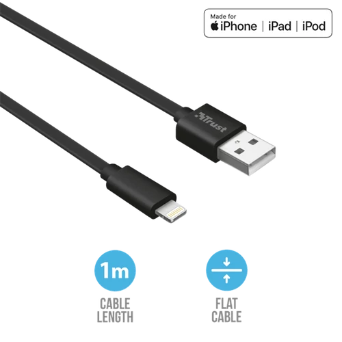 TRUST Lapos Lightning-kábel 20127 (Flat Lightning Cable 1m - black)