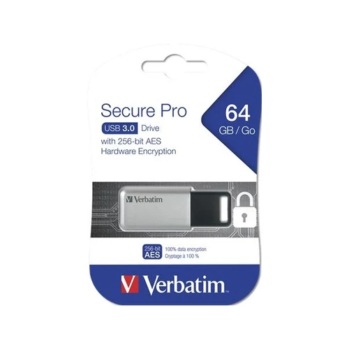 VERBATIM Pendrive, 64GB, USB 3.0, 100/35MB/sec, PC & MAC, GDPR, "SECURE DATA PRO", szürke